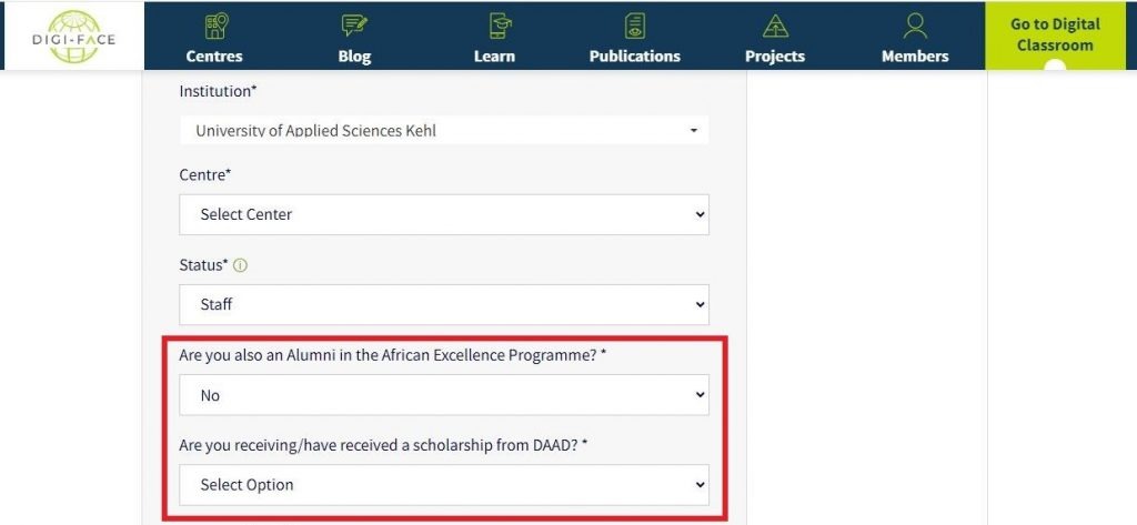 Indicates fields for a few yes or no questions in the registration process